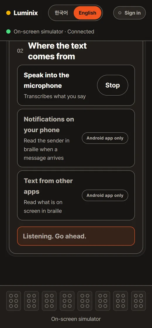 The listening screen with the mic open: the button now reads 'Stop', and 'Listening. Go ahead.' appears below it.
